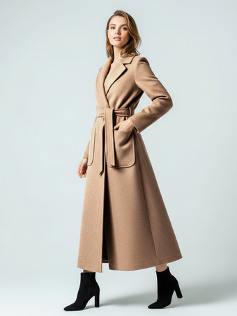 Marrone Chiaro Cappotto lungo in lana con cintura e revers a lancia per donna 2025