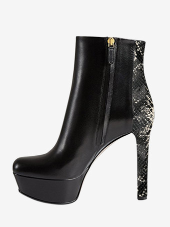 パイソン柄ブラック プラットフォーム アンクルブーツ ラウンドトゥ ハイヒール ブーティ