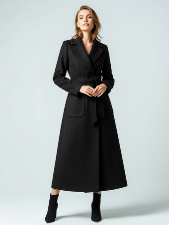 Nero Cappotto lungo in lana con cintura e revers a lancia per donna 2025