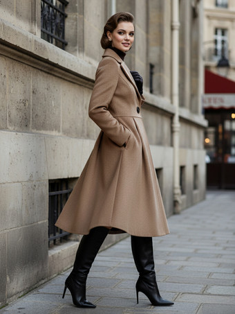 Abrigo midi vintage de lana con corte en X y solapa con muesca para mujer 2025