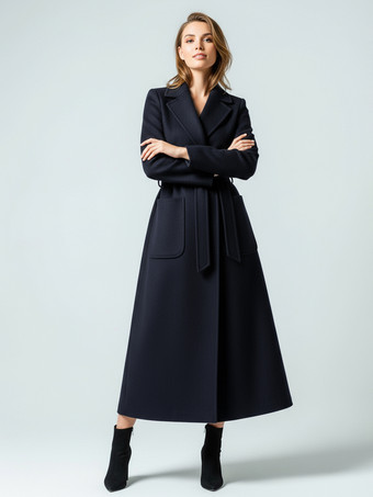 Blu Marino ScuroCappotto lungo in lana con cintura e revers a lancia per donna 2025
