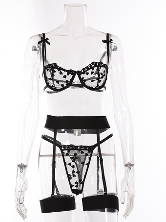 Conjunto de lencería de 3 piezas con sujetador y braguita rojos transparentes con encaje