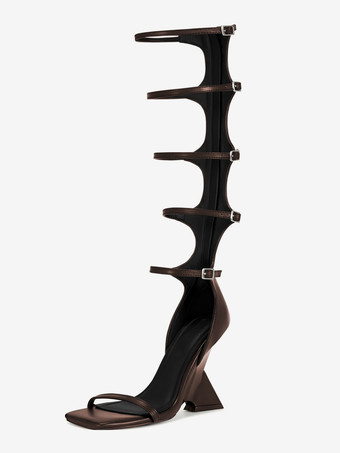 ディープブラウンブラックグラディエーターサンダル オープントゥ バックルディテール ストラップデザイン ウェッジヒールサンダルシューズ