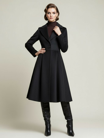 negro Abrigo midi vintage de lana con corte en X y solapa con muesca para mujer 2025