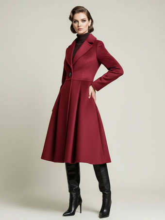 Color borgoñaAbrigo midi vintage de lana con corte en X y solapa con muesca para mujer 2025