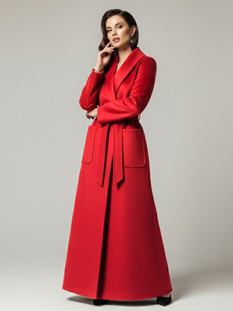 レッド ベルト付きウールのフルレングスマキシコート（ワイドショールカラー）レディース 2025