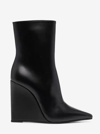 レディース ブラック ウェッジブーツ ポインテッドトゥ ジップアップ アンクルブーツ