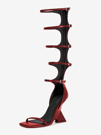 バーガンディーブラックグラディエーターサンダル オープントゥ バックルディテール ストラップデザイン ウェッジヒールサンダルシューズ