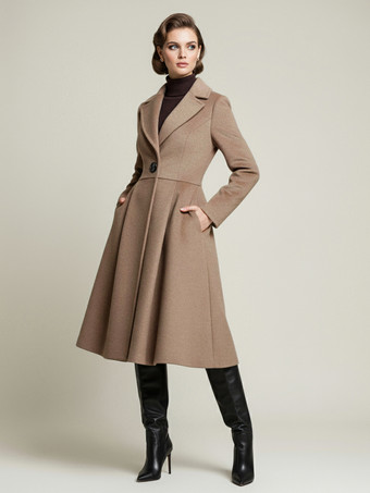 Abrigo midi vintage de lana con corte en X y solapa con muesca para mujer 2025