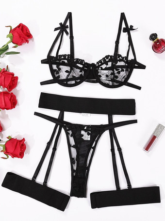 Conjunto de lencería de 3 piezas con sujetador y braguita rojos transparentes con encaje