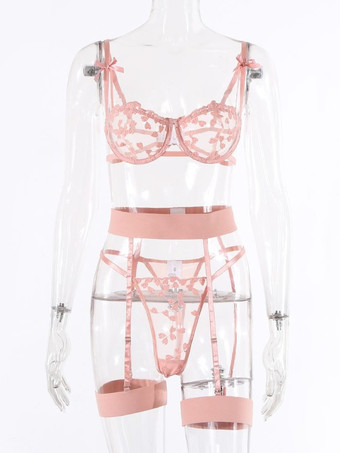 Conjunto de lencería de 3 piezas con sujetador y braguita rojos transparentes con encaje