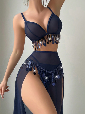 Pyjama-Sets Rot Polyester Lagenfransen Innen 3-teilige Dessous