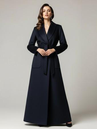 ダークネイビーベルト付きウールのフルレングスマキシコート（ワイドショールカラー）レディース 2025