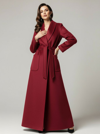 ワインレッド ベルト付きウールのフルレングスマキシコート（ワイドショールカラー）レディース 2025