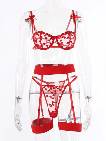 Conjunto de lencería de 3 piezas con sujetador y braguita rojos transparentes con encaje