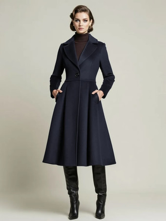 Azul marino oscuro  Abrigo midi vintage de lana con corte en X y solapa con muesca para mujer 2025