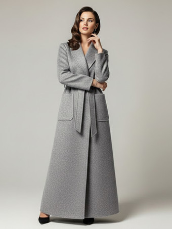 グレイベルト付きウールのフルレングスマキシコート（ワイドショールカラー）レディース 2025