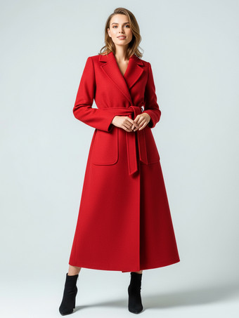 Rosso Cappotto lungo in lana con cintura e revers a lancia per donna 2025