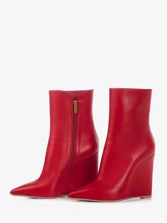 レッド レディース ブラック ウェッジブーツ ポインテッドトゥ ジップアップ アンクルブーツ