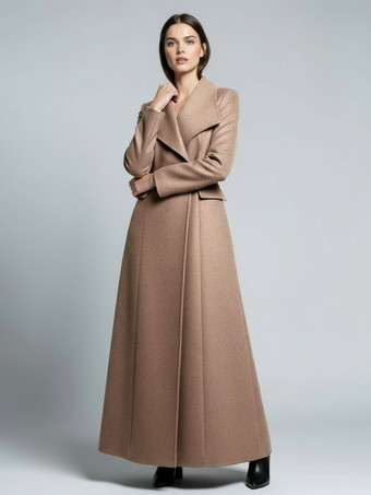 Kamel Maxi-Wollmantel in voller Länge mit breitem Retro-Kragen für Damen 2025