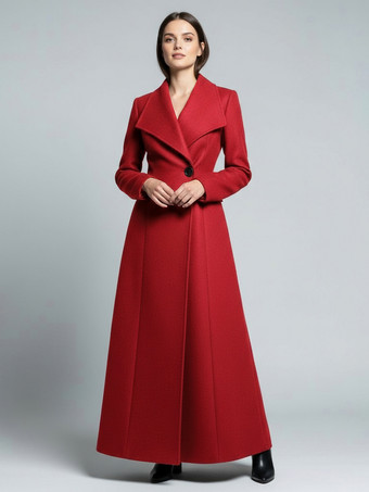 RotMaxi-Wollmantel in voller Länge mit breitem Retro-Kragen für Damen 2025