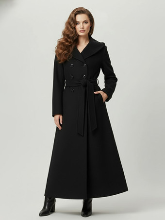 Black Wool Blend Maxi Hooded Coat With Double-Breasted Design For Women 2025