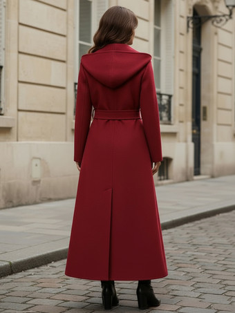 Wool Blend Maxi Hooded Coat With Double-Breasted Design For Women 2025