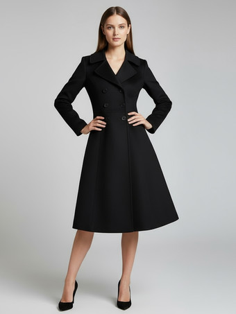 ブラック ウール混ダブルブレストミディコート（フレアAラインシルエット）レディース 2025