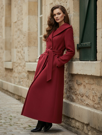 Wool Blend Maxi Hooded Coat With Double-Breasted Design For Women 2025