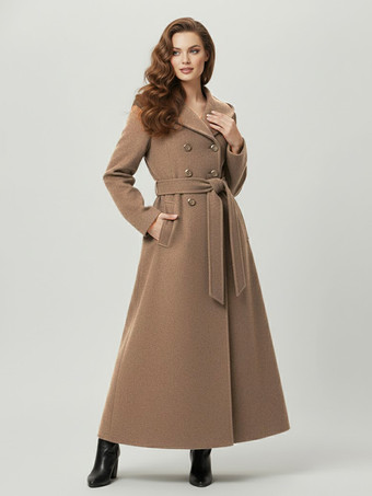 Camel Wool Blend Maxi Hooded Coat With Double-Breasted Design For Women 2025