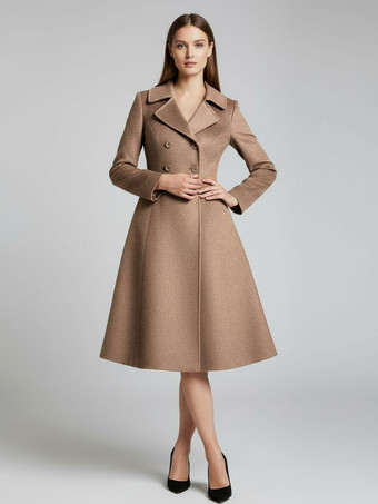 ラクダ色 ウール混ダブルブレストミディコート（フレアAラインシルエット）レディース 2025