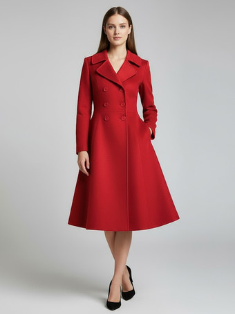 レッド ウール混ダブルブレストミディコート（フレアAラインシルエット）レディース 2025