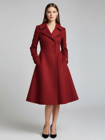 ワインレッド ウール混ダブルブレストミディコート（フレアAラインシルエット）レディース 2025