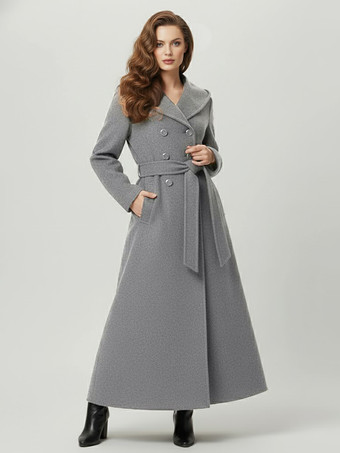 GrayWool Blend Maxi Hooded Coat With Double-Breasted Design For Women 2025