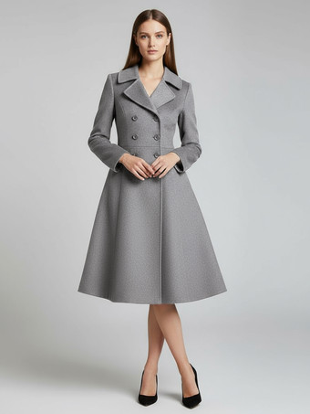 グレイウール混ダブルブレストミディコート（フレアAラインシルエット）レディース 2025
