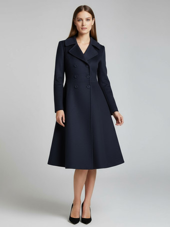 ダークネイビーウール混ダブルブレストミディコート（フレアAラインシルエット）レディース 2025