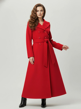 Red Wool Blend Maxi Hooded Coat With Double-Breasted Design For Women 2025