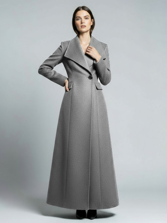 GrauMaxi-Wollmantel in voller Länge mit breitem Retro-Kragen für Damen 2025
