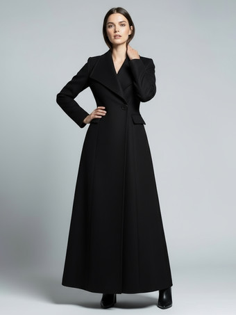 SchwarzMaxi-Wollmantel in voller Länge mit breitem Retro-Kragen für Damen 2025