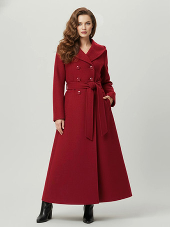 Burgundy Wool Blend Maxi Hooded Coat With Double-Breasted Design For Women 2025