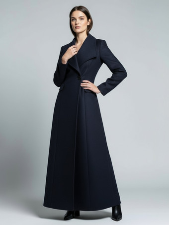 DunkelmarineblauMaxi-Wollmantel in voller Länge mit breitem Retro-Kragen für Damen 2025