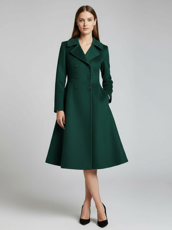 グリーン ウール混ダブルブレストミディコート（フレアAラインシルエット）レディース 2025