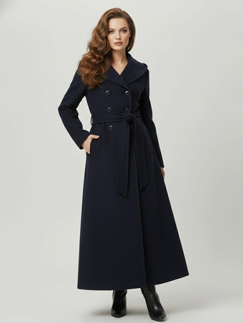 Dark NavyWool Blend Maxi Hooded Coat With Double-Breasted Design For Women 2025