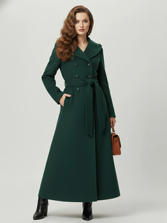 Green Wool Blend Maxi Hooded Coat With Double-Breasted Design For Women 2025