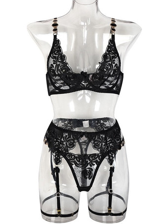 ブラジャー パンティ セット 刺繍入りメタルディテール 3ピース セクシーランジェリー ガーターベルト付き