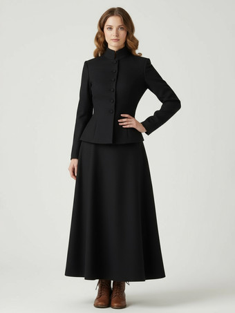 SchwarzZweiteiliges Set aus Wollmischung mit Stehkragen und Schößchenjacke und Maxirock für Damen 2025