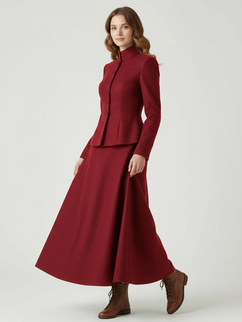 BurgunderrotZweiteiliges Set aus Wollmischung mit Stehkragen und Schößchenjacke und Maxirock für Damen 2025