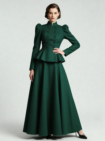 verde Conjunto victoriano de chaqueta peplum con mangas abullonadas y falda larga de mezcla de lana para mujer 2025