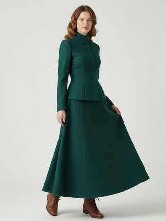 Grün Zweiteiliges Set aus Wollmischung mit Stehkragen und Schößchenjacke und Maxirock für Damen 2025