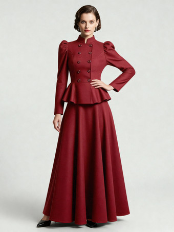Color borgoñaConjunto victoriano de chaqueta peplum con mangas abullonadas y falda larga de mezcla de lana para mujer 2025